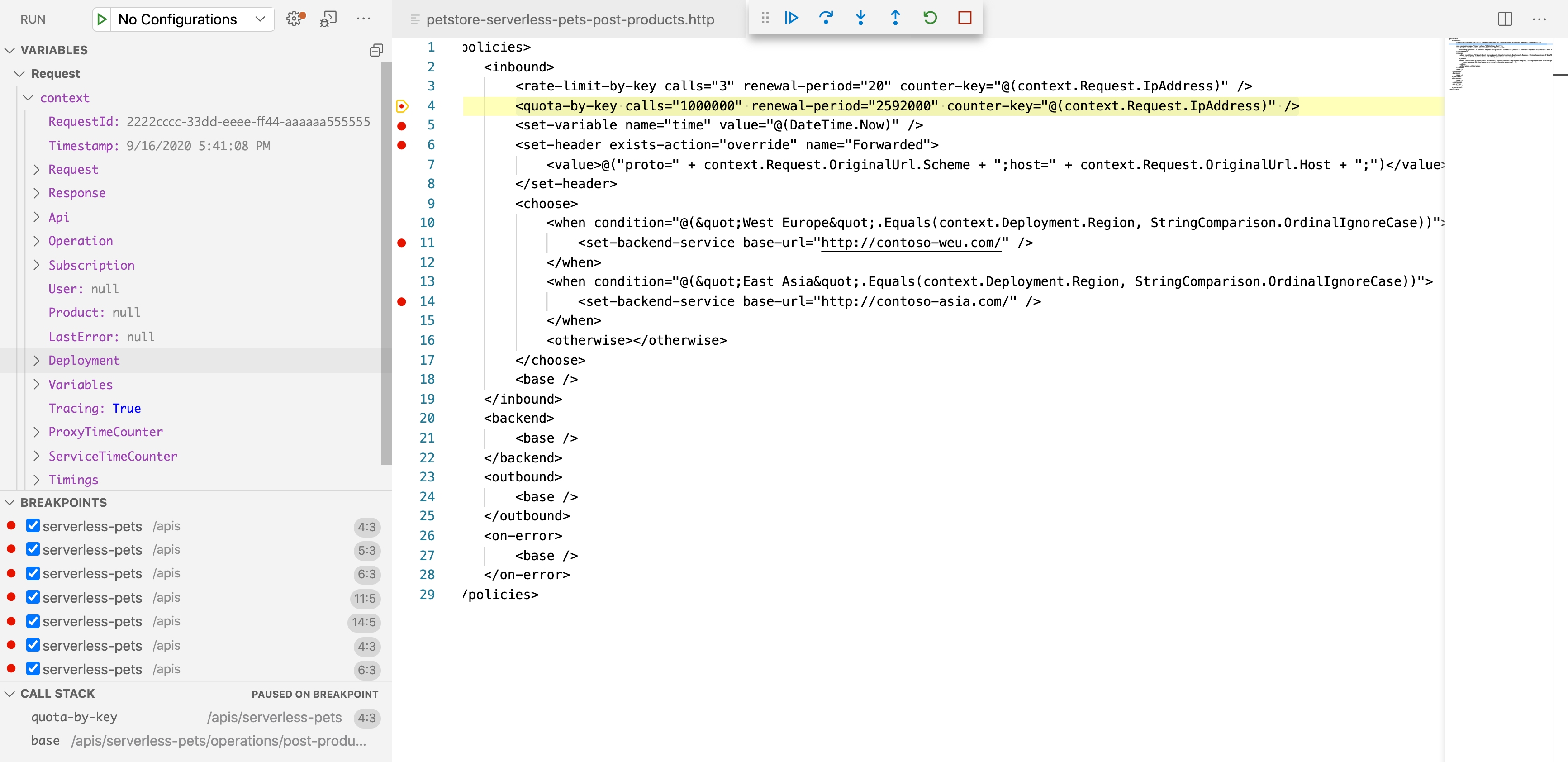 Screenshot des Debugfensters in Visual Studio Code.