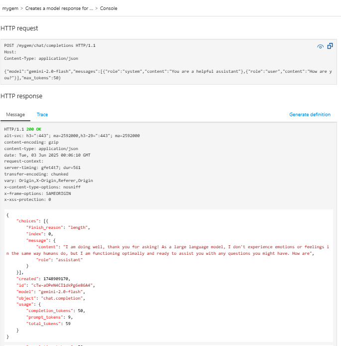 Screenshot des Testens einer Gemini LLM-API im Portal.