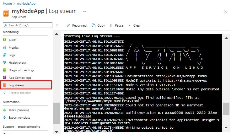 Screenshot des Log-Streams in Azure App Service.