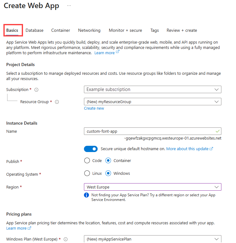 Screenshot der Registerkarte „Grundlagen“, die zum Konfigurieren der Web-App verwendet wird.