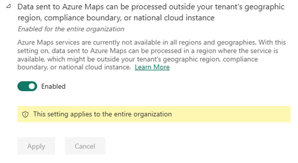 Screenshot, der zeigt, dass daten, die an Azure Maps gesendet werden, außerhalb der geografischen Region Ihres Mandanten, der Compliancegrenze oder der nationalen Cloudinstanz verarbeitet werden können.