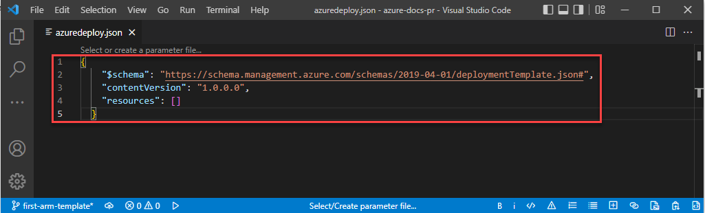 Screenshot von Visual Studio Code mit einer leeren ARM-Vorlage mit JSON-Struktur im Editor.
