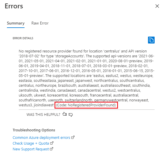 Screenshot einer Bereitstellungsfehlerzusammenfassung im Azure-Portal mit der Fehlermeldung und dem Fehlercode NoRegisteredProviderFound.