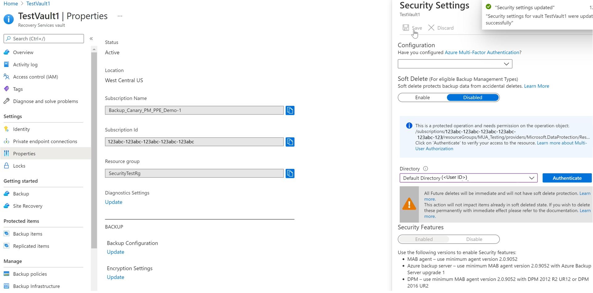 Screenshot: Deaktivieren des vorläufigen Löschens für einen MUA-aktivierten Tresor.