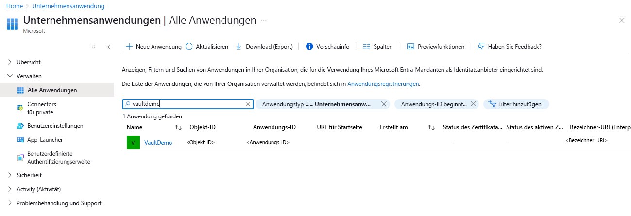 Screenshot der Auswahl zum Abrufen der Anwendungs-ID der verwalteten Dienstidentität eines Sicherungstresors.