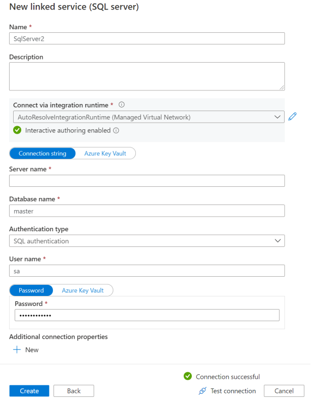 Screenshot: Seite zum Erstellen des verknüpften SQL&nbsp;Server-Diensts