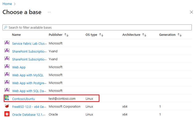 Screenshot: Die in der Liste der Basisimages verfügbaren benutzerdefinierten Images.