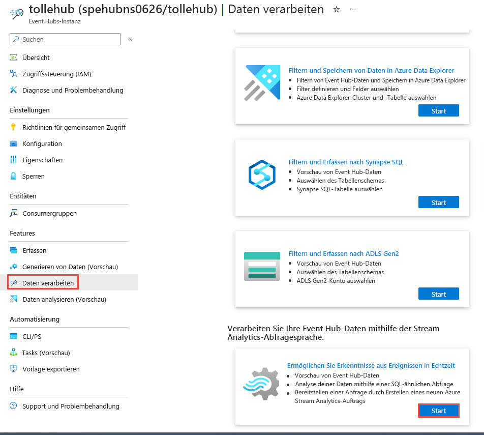Screenshot: Seite „Daten verarbeiten“ mit ausgewählter Kachel“Echtzeiterkenntnisse aus Ereignissen aktivieren“.