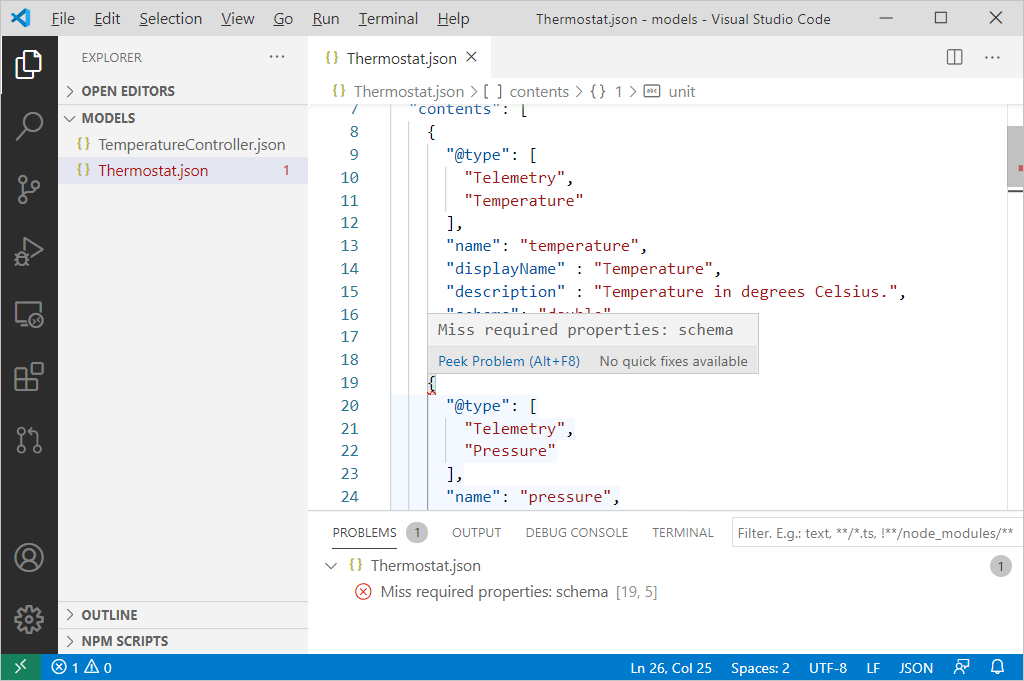 Screenshot der DTDL-Modellvalidierung in VS&nbsp;Code