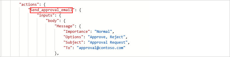 Screenshot des Aktionsnamens in JSON.