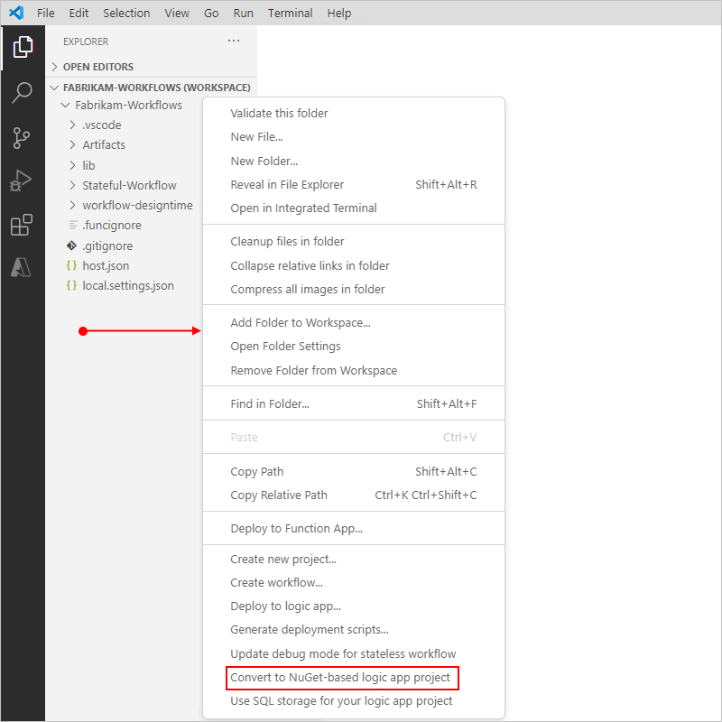 Screenshot des Explorer-Bereichs mit dem Projektverknüpfungsmenü, das aus einem leeren Bereich unter Projekt geöffnet wurde.