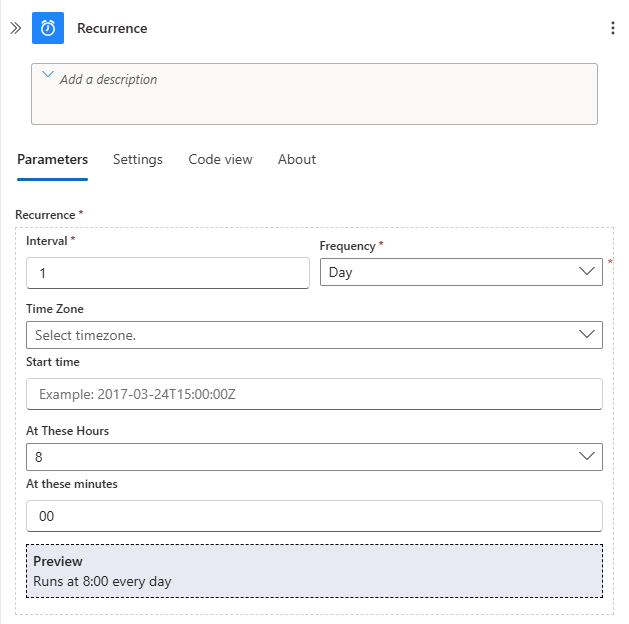 Screenshot: Azure-Portal und Workflow-Designer mit konfigurierten Parametern für den Trigger „Serie“
