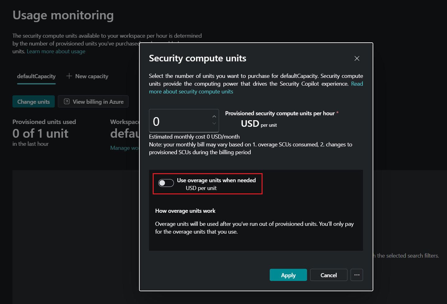 Screenshot der Einstellungen für die Nutzungsüberwachung von Security Copilot.