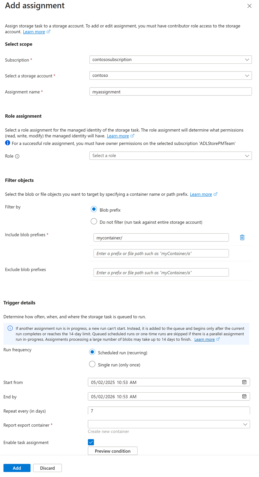 Screenshot der Registerkarte „Zuweisung“ der Erfahrung „Speicheraufgabenerstellung“.