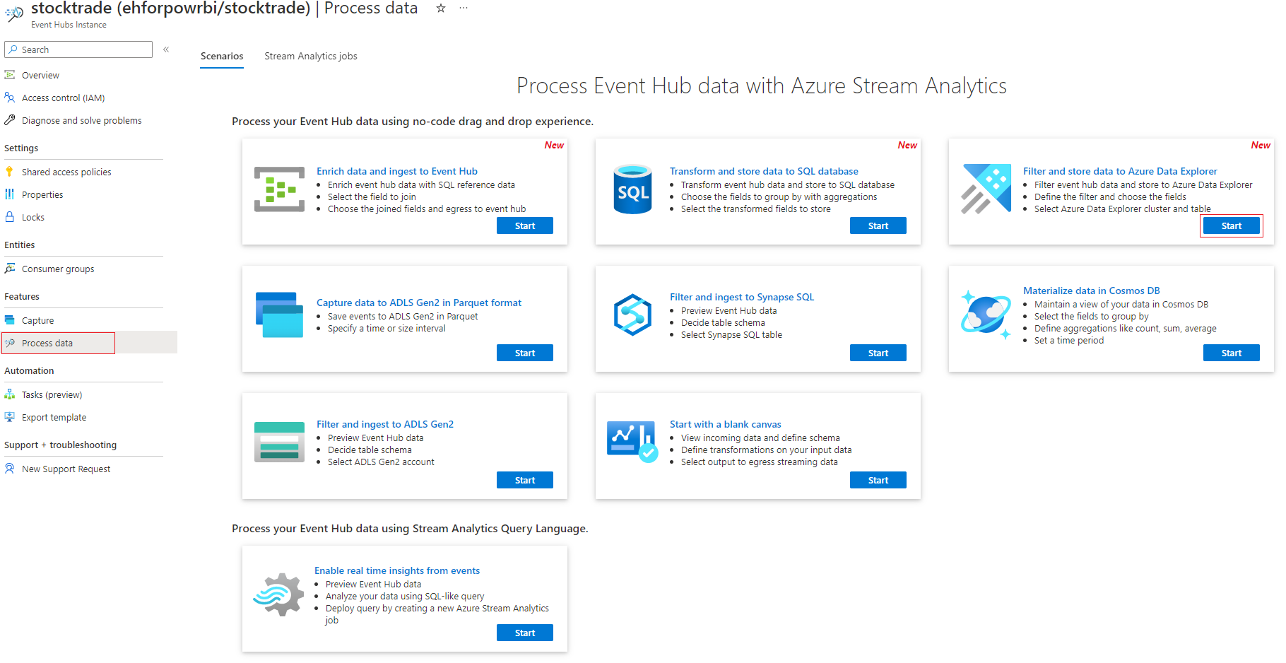 Screenshot des Filters und der Erfassung auf der Karte „Azure Data Lake Storage Gen2“, auf der Sie „Start“ auswählen.