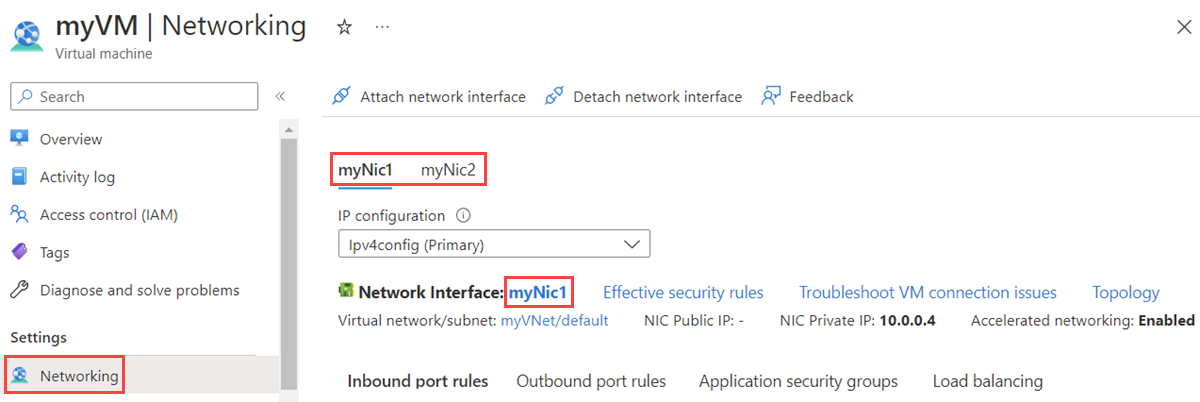 Screenshot: An eine VM im Azure-Portal angefügte Netzwerkschnittstelle