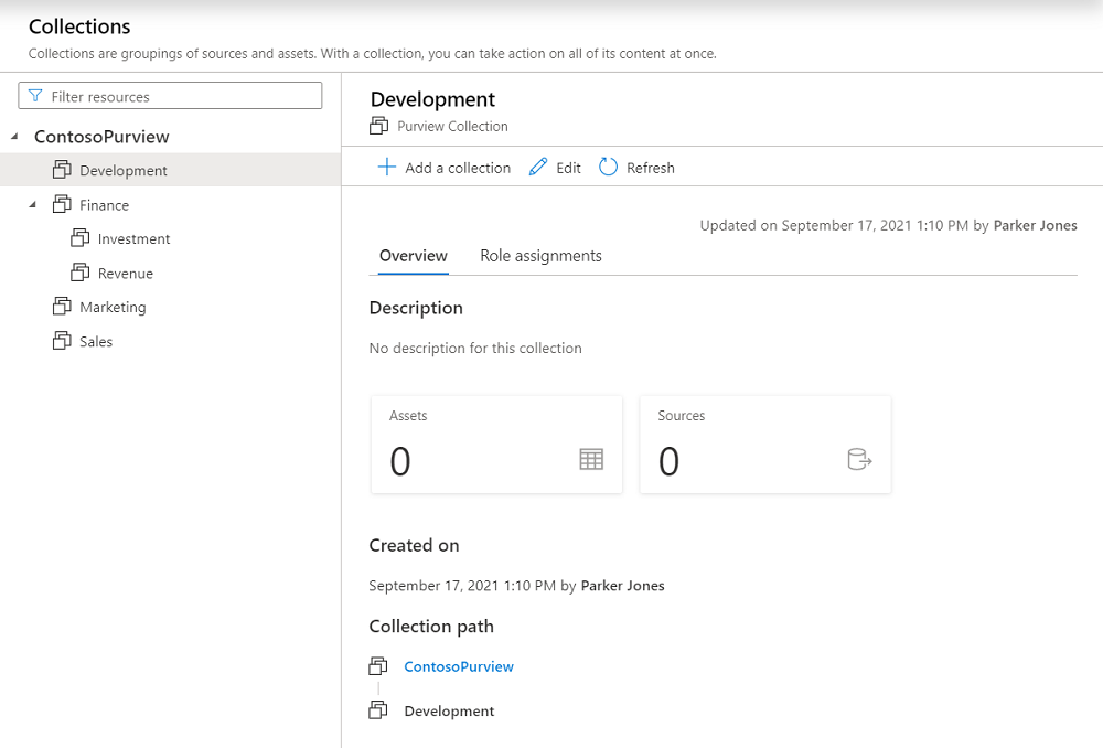 Screenshot des klassischen Microsoft Purview-Governanceportalfensters mit dem neu erstellten Sammlungsfenster.