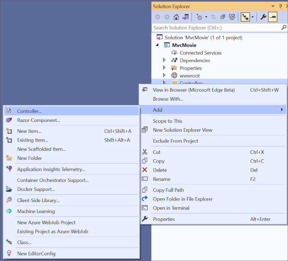 Projektmappen-Explorer, Klicken mit der rechten Maustaste auf Controller > Hinzufügen&nbsp;> Controller