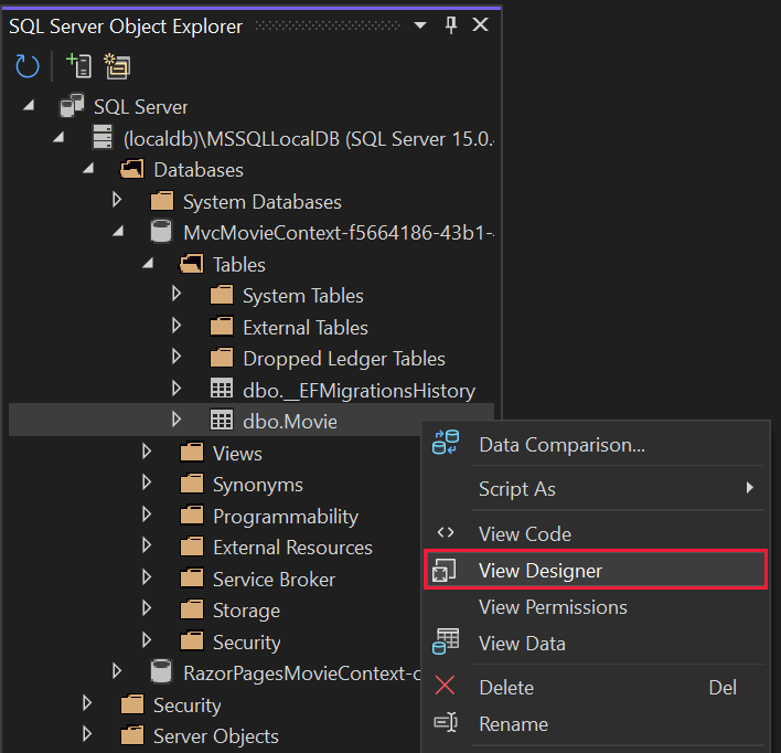 Klicken mit der rechten Maustaste auf die Tabelle „Movie“ > „Ansichts-Designer“