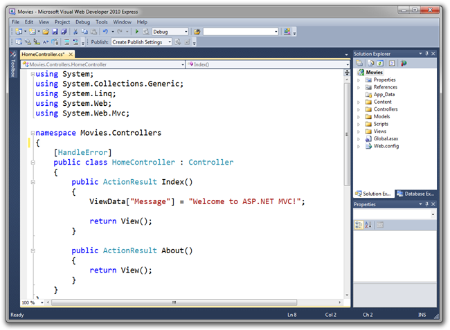 Screenshot des Microsoft Visual Web Developer 2010 Express-Fensters, das zeigt, dass die neue Datei 