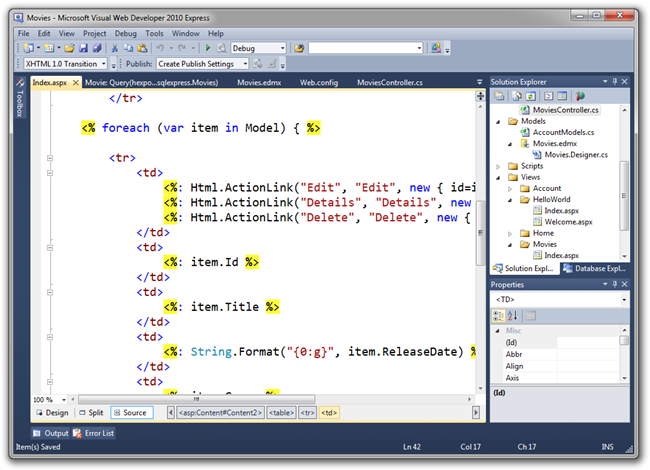 Filme – Microsoft Visual Web Developer 2010 Express
