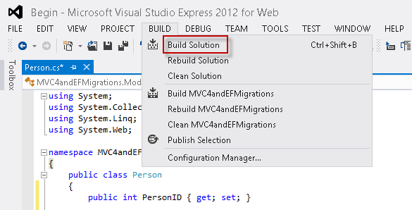 Erstellen der Anwendung Screenshot zeigt Visual Studio Express 2012 mit dem Menü