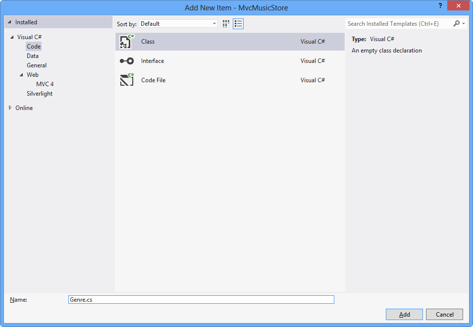 Hinzufügen der Genremodellklasse Hinzufügen der Genremodellklasse