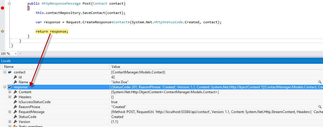 Die Antwort nach der Erstellung im Debugger Die Antwort nach der Erstellung im Debugger