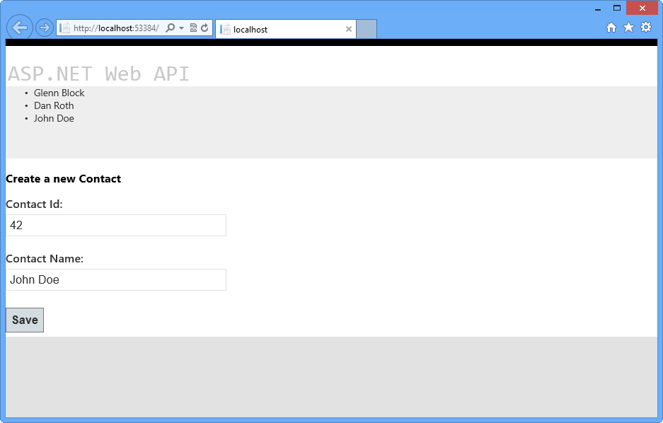 Der Browser spiegelt die erfolgreiche Erstellung der neuen Kontaktinstanz wider. Der Browser spiegelt die erfolgreiche Erstellung der neuen Kontaktinstanz wider.