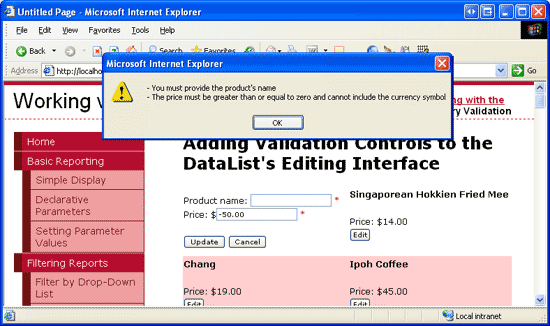 Die Überprüfungsfehler werden in einem Client-Side Messagebox zusammengefasst.