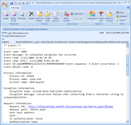 Screenshot der Details, die in einer E-Mail-Nachricht gesendet werden.