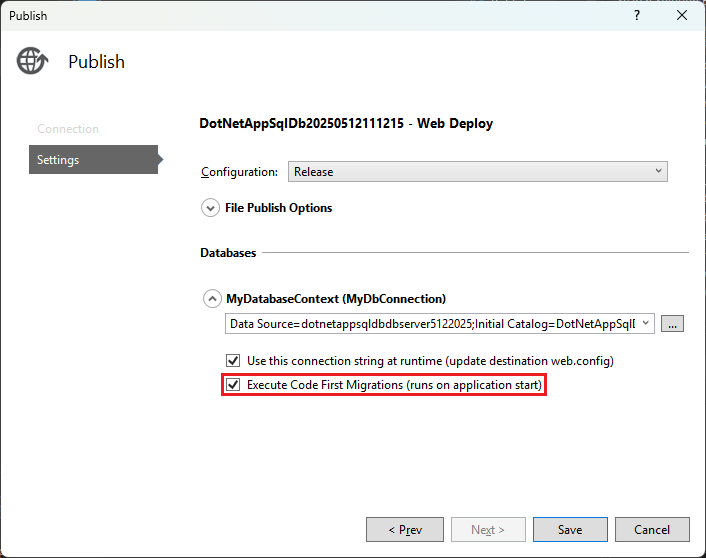 Screenshot zeigt „Code First-Migrationen aktivieren“ in der Azure-App.