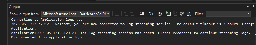 Screenshot, der das Protokollstreaming im Ausgabefenster zeigt.