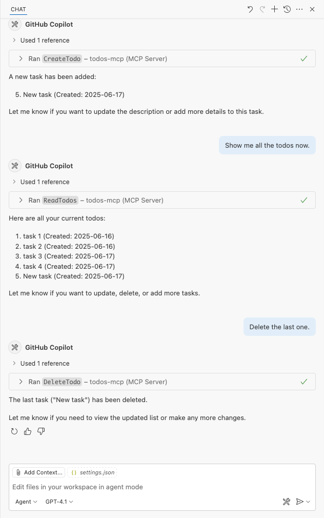 Screenshot, der zeigt, wie GitHub Copilot den Todos MCP-Server aufruft, der in Azure App Service gehostet wird.