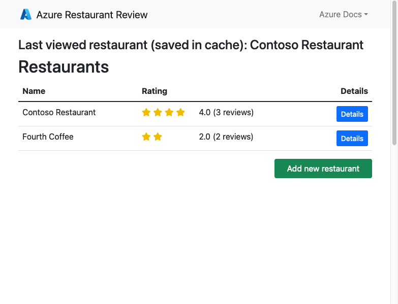 Screenshot der Django-Web-App mit PostgreSQL in Azure mit Restaurants und Restaurantbewertungen (Django).