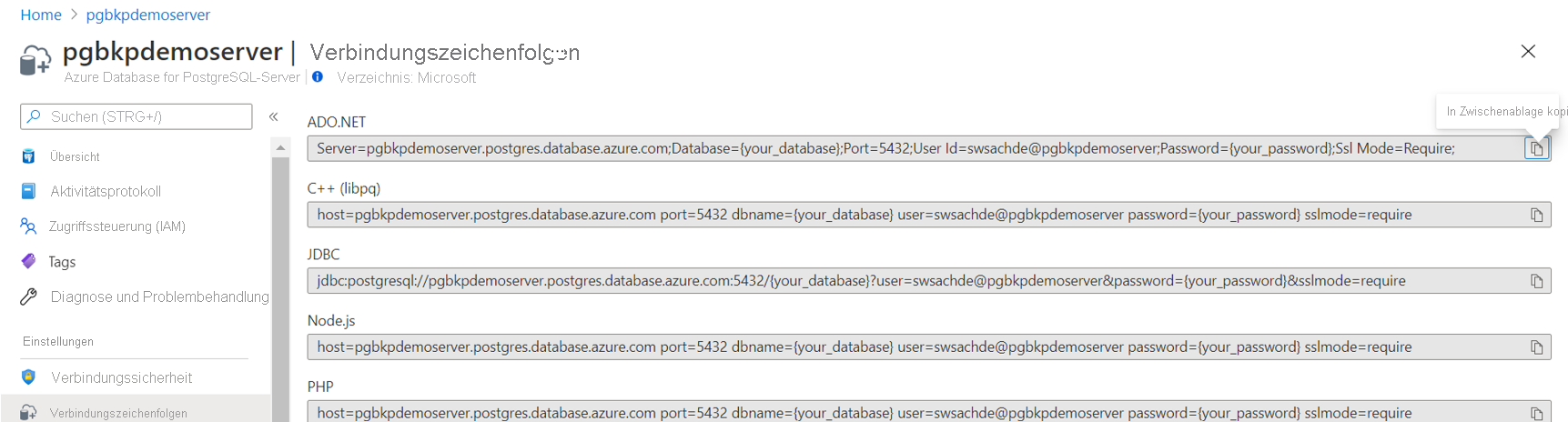Screenshot: Azure Database for PostgreSQL-Serververbindungszeichenfolge als Geheimnis.