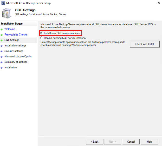 Screenshot der Azure Backup Server SQL-Überprüfung.