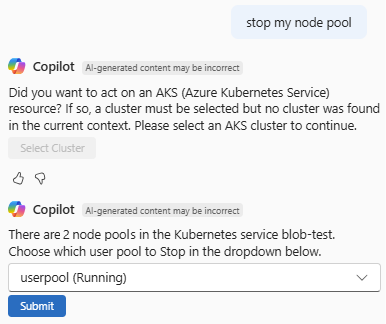 Screenshot, der zeigt, dass Azure Copilot auf eine Anforderung reagiert, um einen AKS-Knotenpool zu beenden.