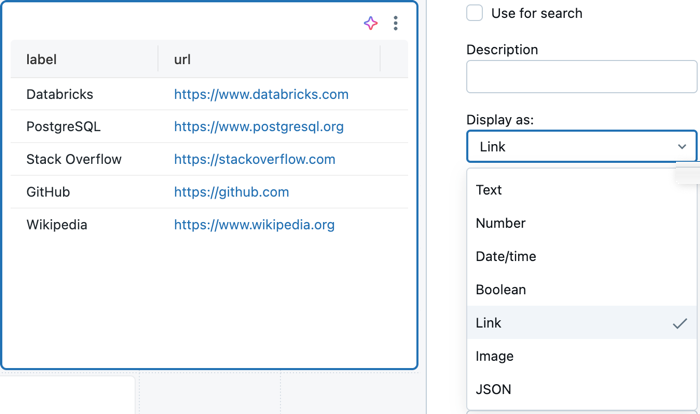 Tabellenvisualisierung unter Anzeige-Optionen angezeigt. Der Link ist ausgewählt.