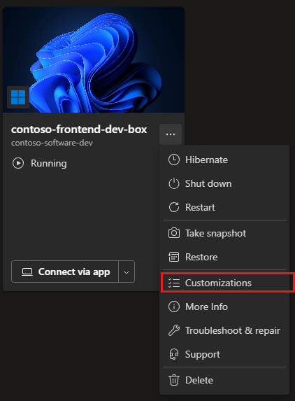 Screenshot der Kachel „Dev-Box“ mit hervorgehobenem Befehl „Anpassungen“ im Menü „Aktionen“.