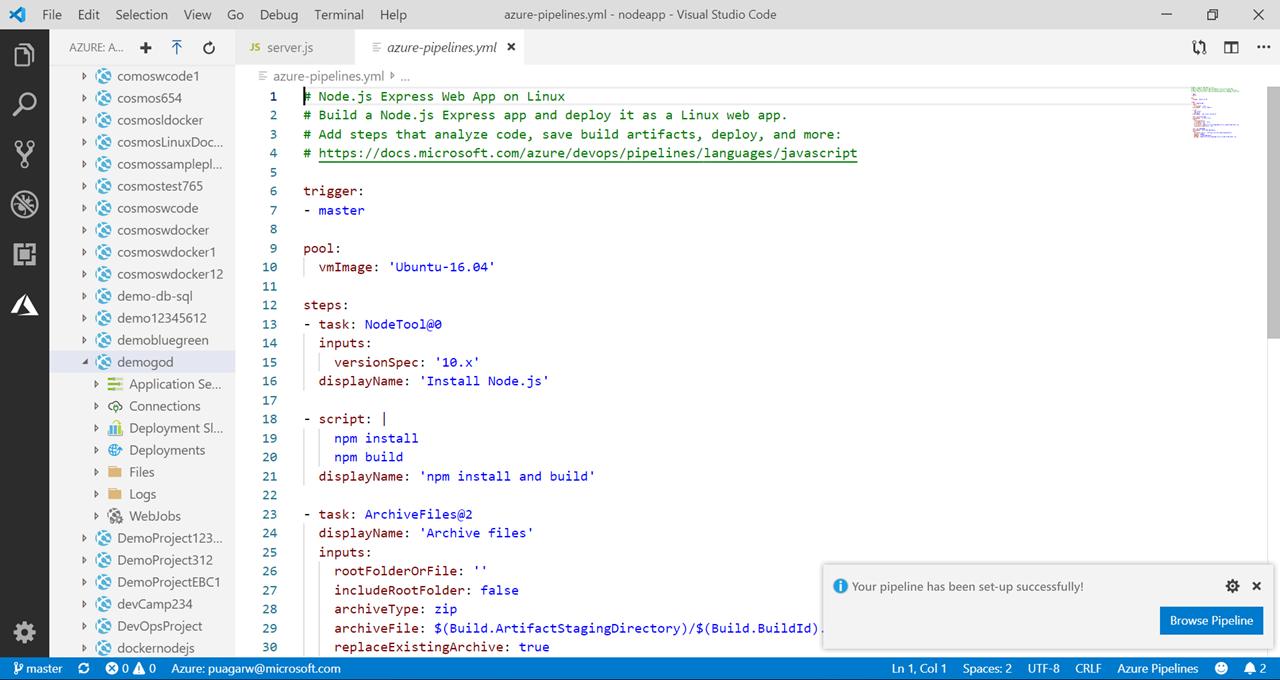 Erstellen Sie Azure-Pipelines aus VSCode.