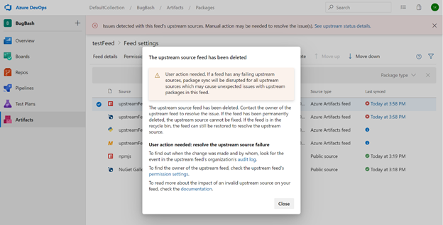 Beispiel, in dem der Zielfeed gelöscht wurde.