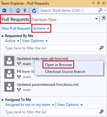 Screenshot der P R-Liste im Visual Studio-Team-Explorer.