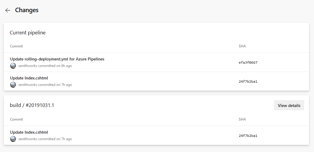 Screenshot mit den Commits im Abschnitt 