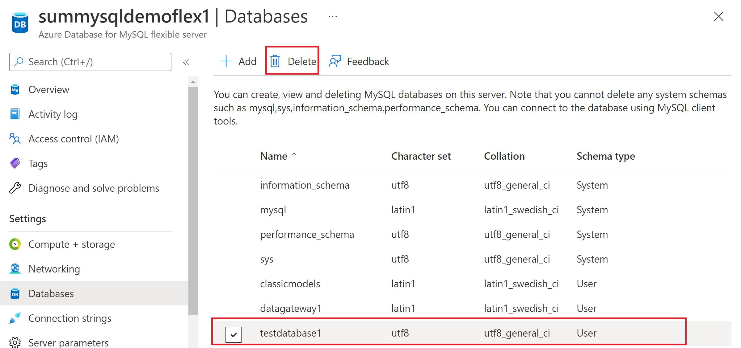 Screenshot zeigt das Löschen einer Datenbank für Azure Database for MySQL – Flexibler Server.