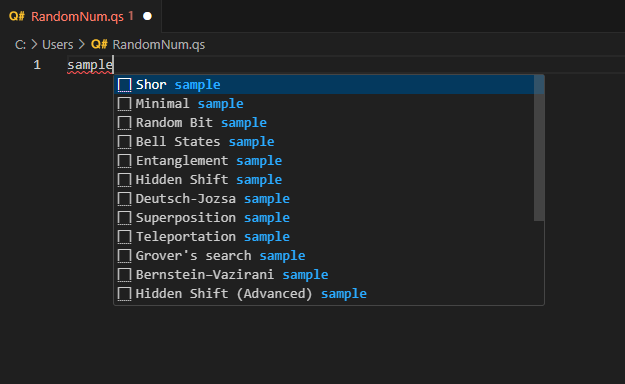 Screenshot der Q# Datei von Visual Studio Code, die die Liste der Codebeispiele zeigt, wenn das Wort 'sample' in der Datei geschrieben wird.