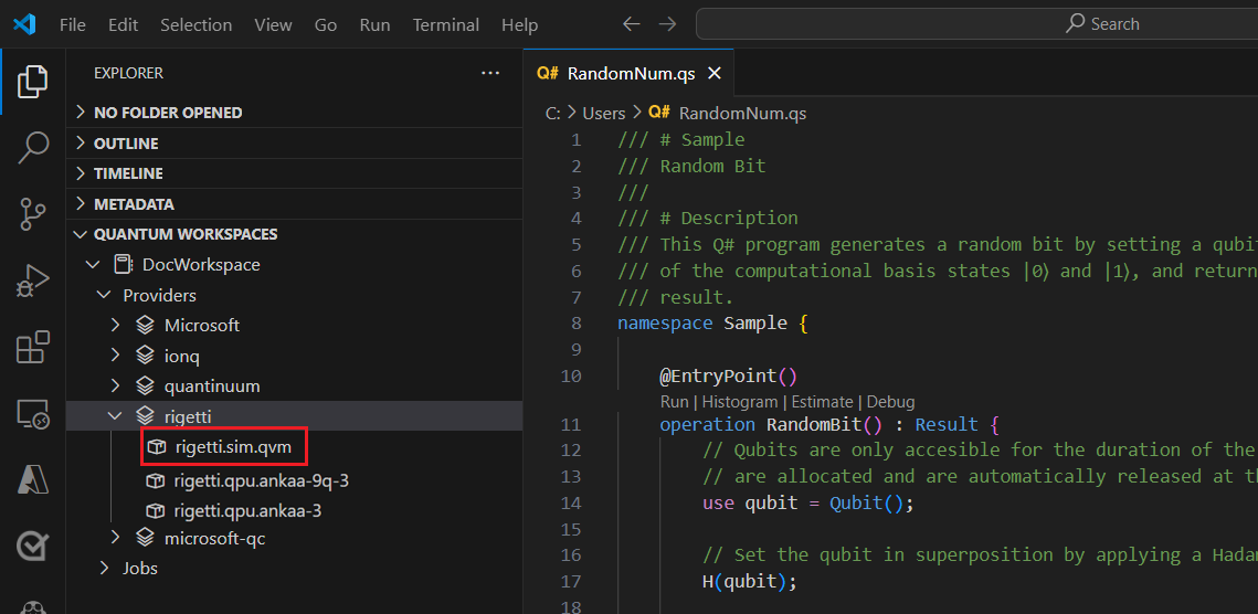 Screenshot von Visual Studio Code, das zeigt, wie man den Rigetti-Simulator als target auswählt.