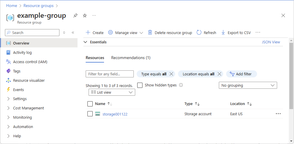 Screenshot der Übersichtsseite der Ressourcengruppe.
