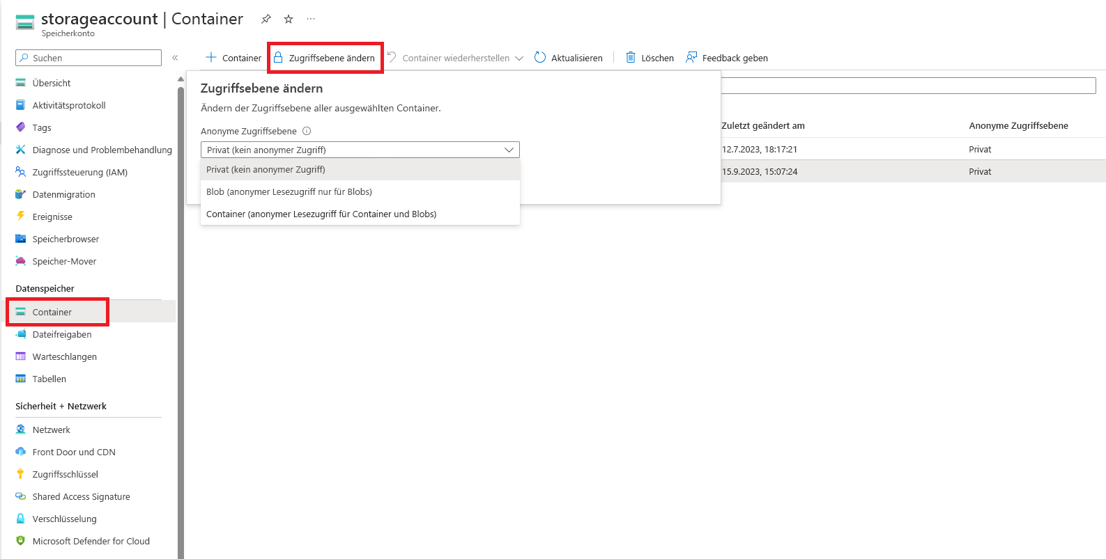 Screenshot: Festlegen der öffentlichen Zugriffsebene im Portal