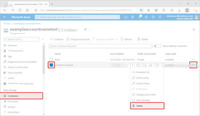 Screenshot, der zeigt, wie ein Container im Azure-Portal gelöscht wird.